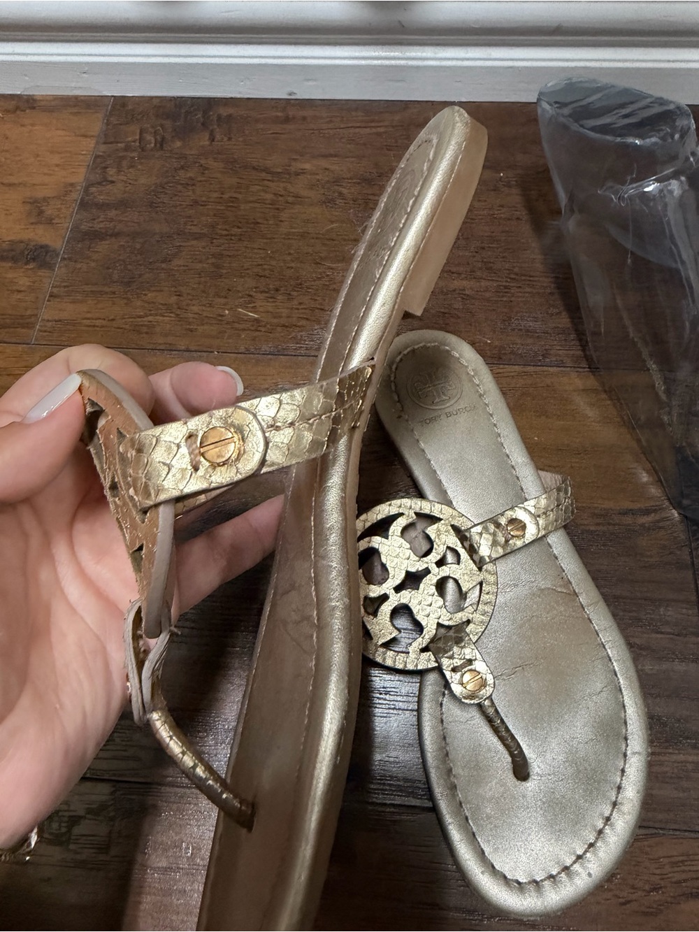 Gold Women's Logo Medallion Toe-Post Sandals